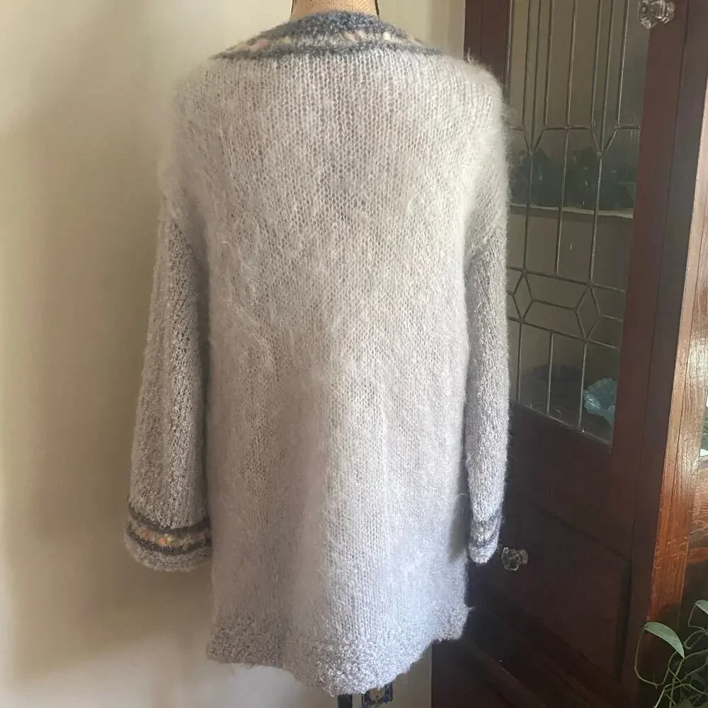 Vintage 70s 80s Handmade Mohair Wool Blend Sweater Fuzzy Knit Tunic Gray Long